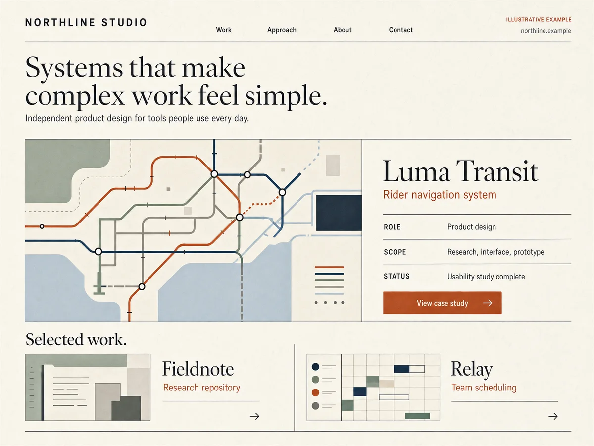 Illustrative Northline Studio portfolio with the fictional Luma Transit case study, a product-design role, research and interface scope, usability-study status, and two selected-work entries.