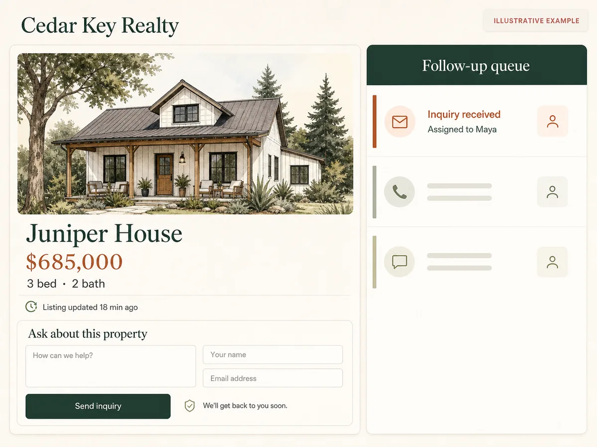 Illustrative Cedar Key Realty interface showing the fictional Juniper House listing, an eighteen-minute freshness timestamp, and inquiry assigned to Maya.