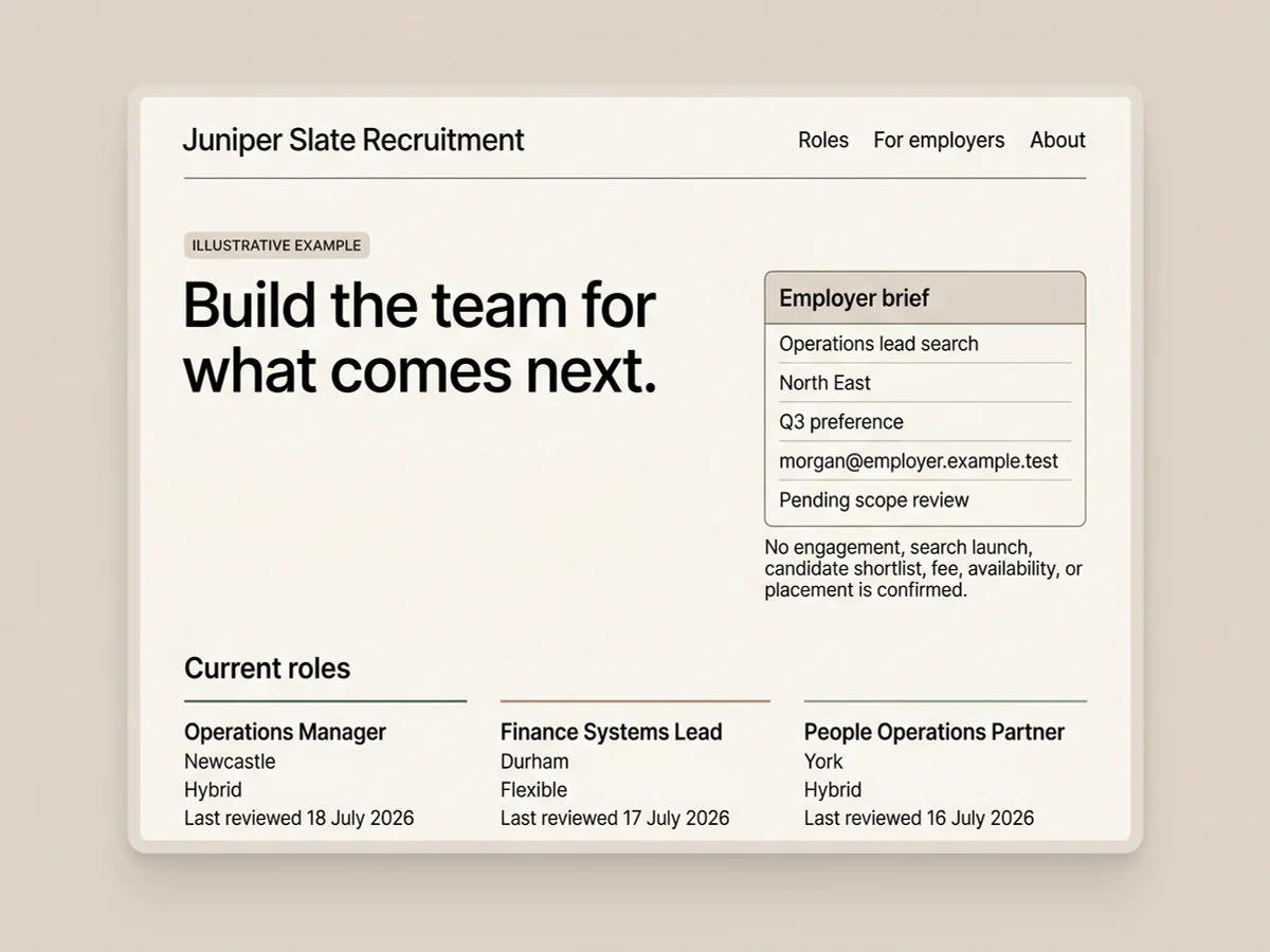 Illustrative Juniper Slate Recruitment website concept with current-role review dates, an employer brief for an operations lead search in the North East, Q3 timing preference, reserved example contact, pending scope review status, and a neutral no-confirmation notice.