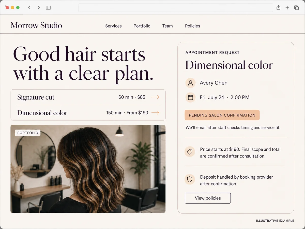 Illustrative Morrow Studio website showing salon services and prices beside Avery Chen’s dimensional-color appointment request pending salon confirmation.