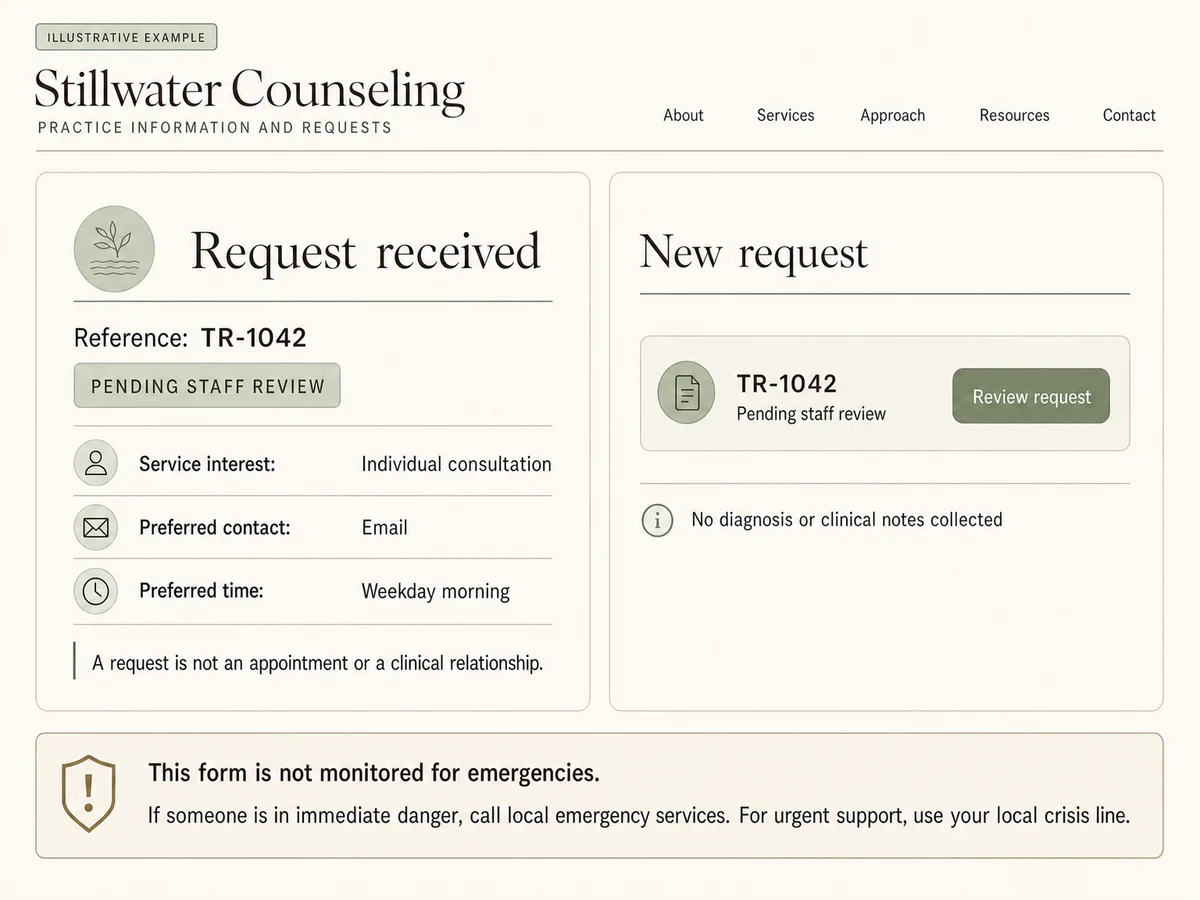 Illustrative Stillwater Counseling interface showing consultation request TR-1042 pending staff review, minimal contact preferences, no clinical notes, and separate emergency guidance.