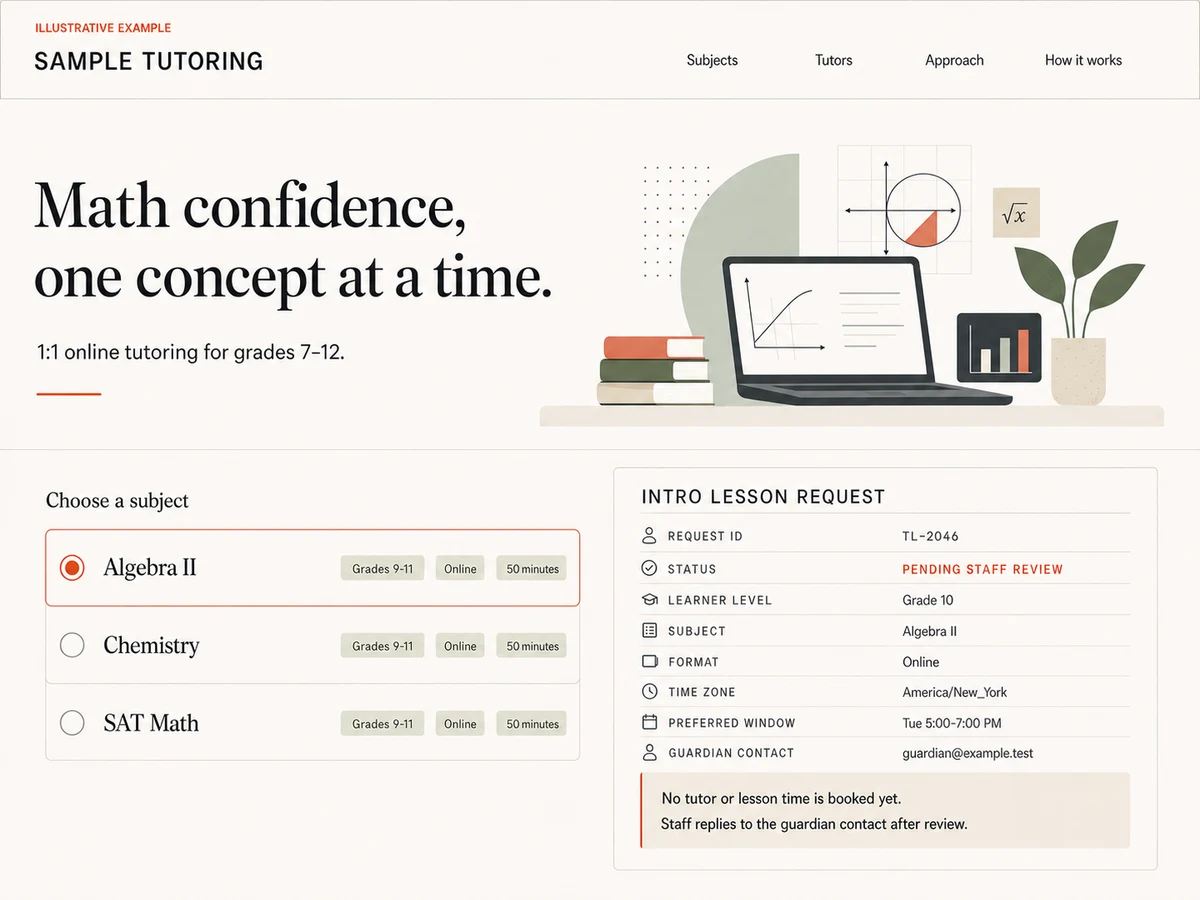 Illustrative Sample Tutoring website showing Algebra II selected and request TL-2046 pending staff review with a reserved guardian contact and no tutor or lesson time booked.
