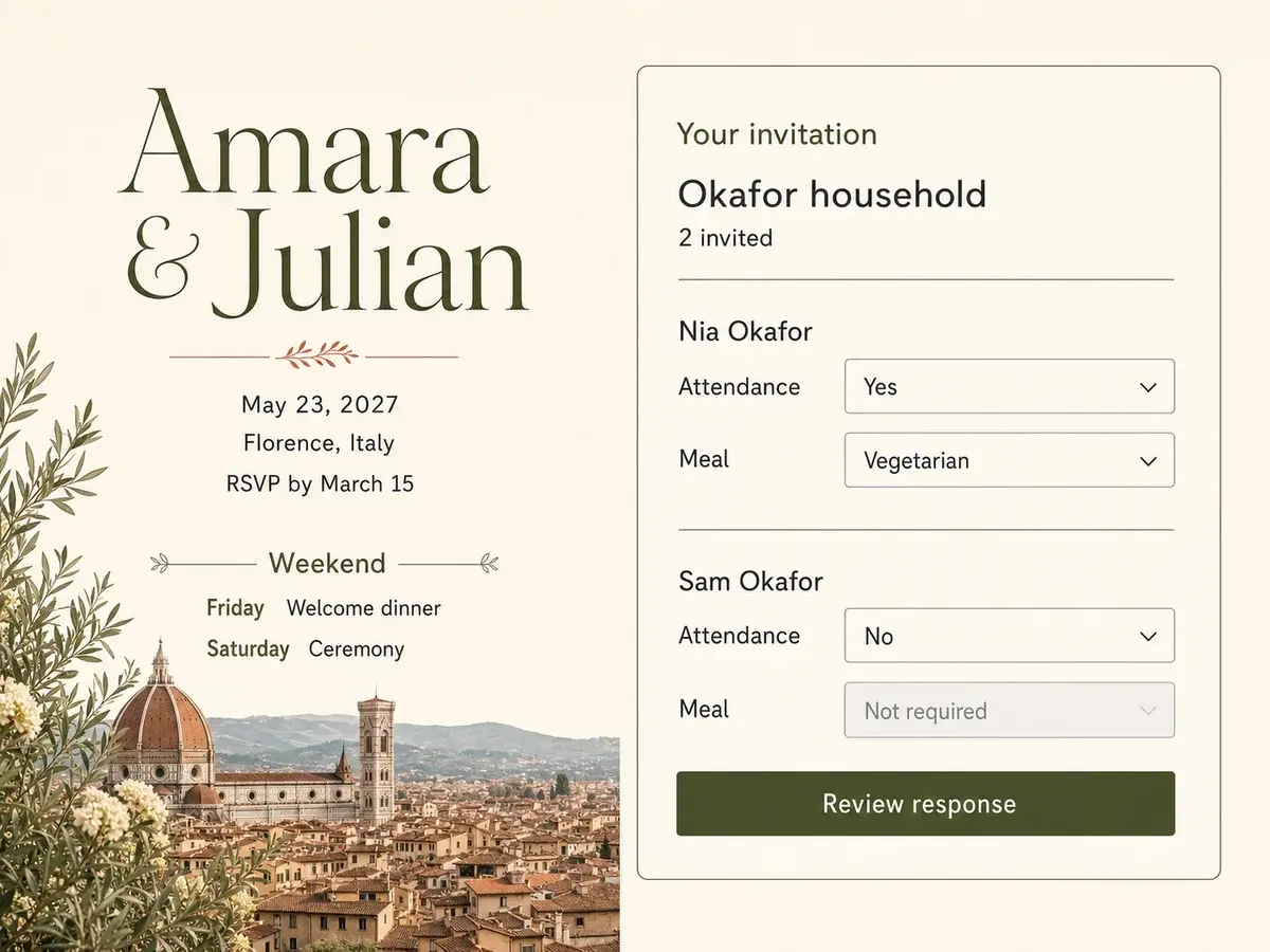 Illustrative unbranded wedding site with event details and a fictional two-person Okafor household showing per-guest attendance and conditional meal choices