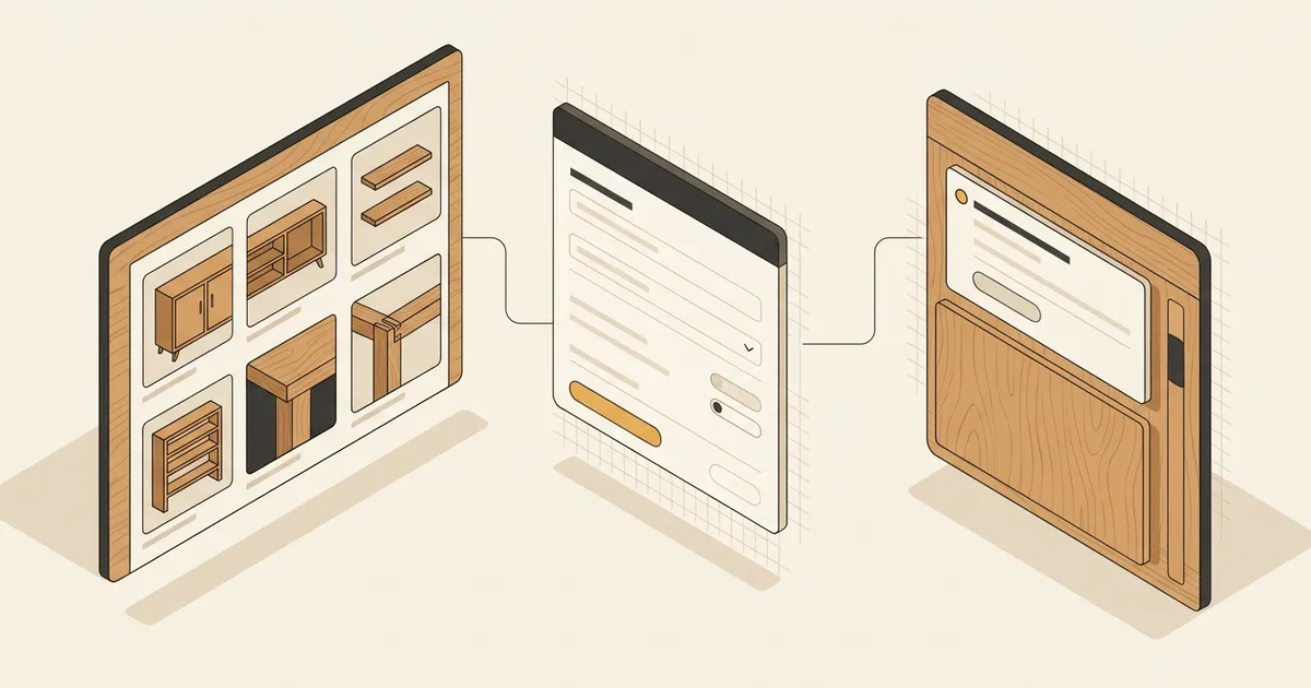 Illustration of carpentry project examples connected to a request form and staff review card