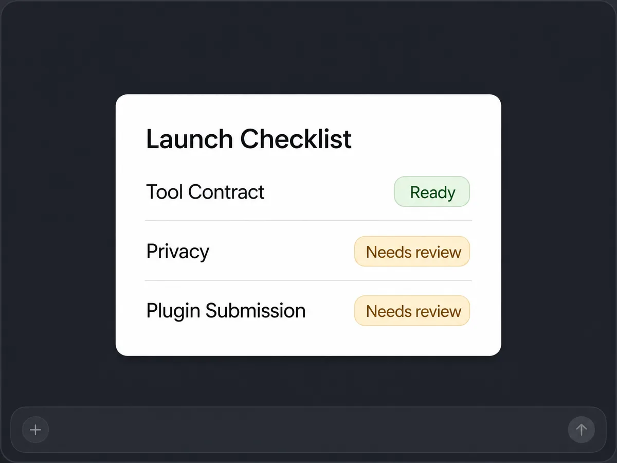 Illustrative ChatGPT app concept showing a launch checklist with tool contract, privacy, and review items