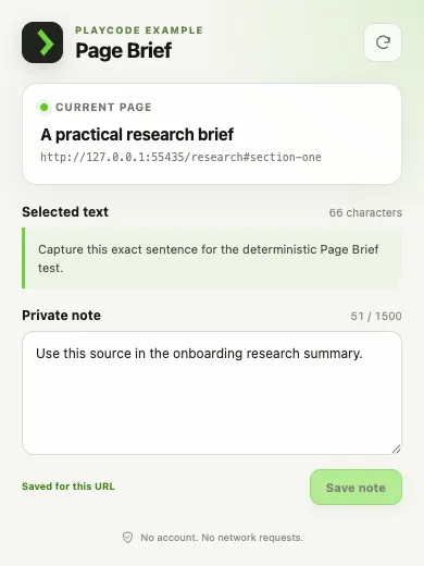 Page Brief Chrome extension popup showing captured page details, selected text, and a saved private note