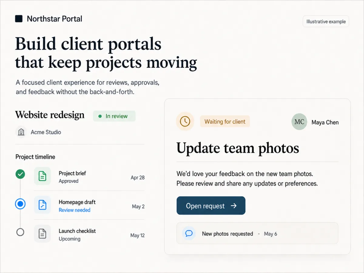 Illustrative Acme Studio portal with a private project, document statuses, client account, and open request