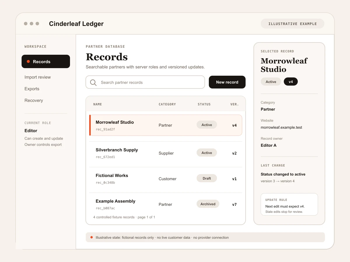 Illustrative Cinderleaf Ledger database workspace showing a selected fictional Morrowleaf Studio partner in a record table and matching versioned detail panel