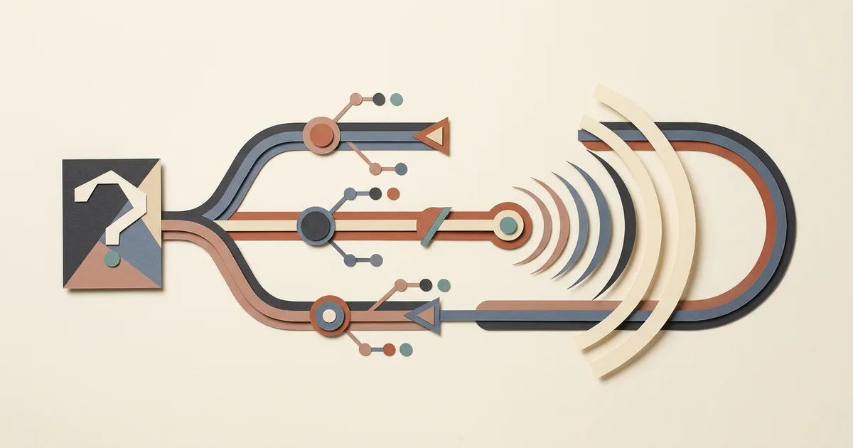 Abstract paper-cut paths showing context, alternatives, evidence, consequences, and later review