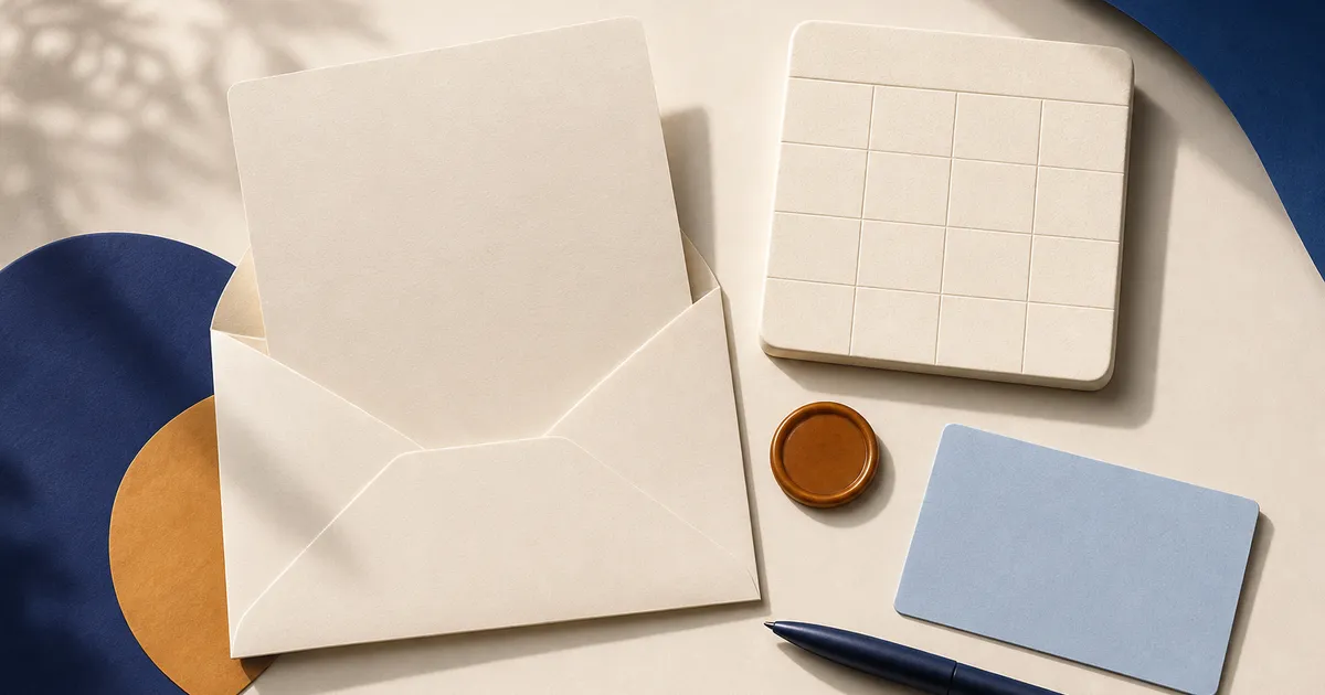 Editorial still life of a blank invitation card and envelope beside a blank calendar tile, reply card, seal, and pen