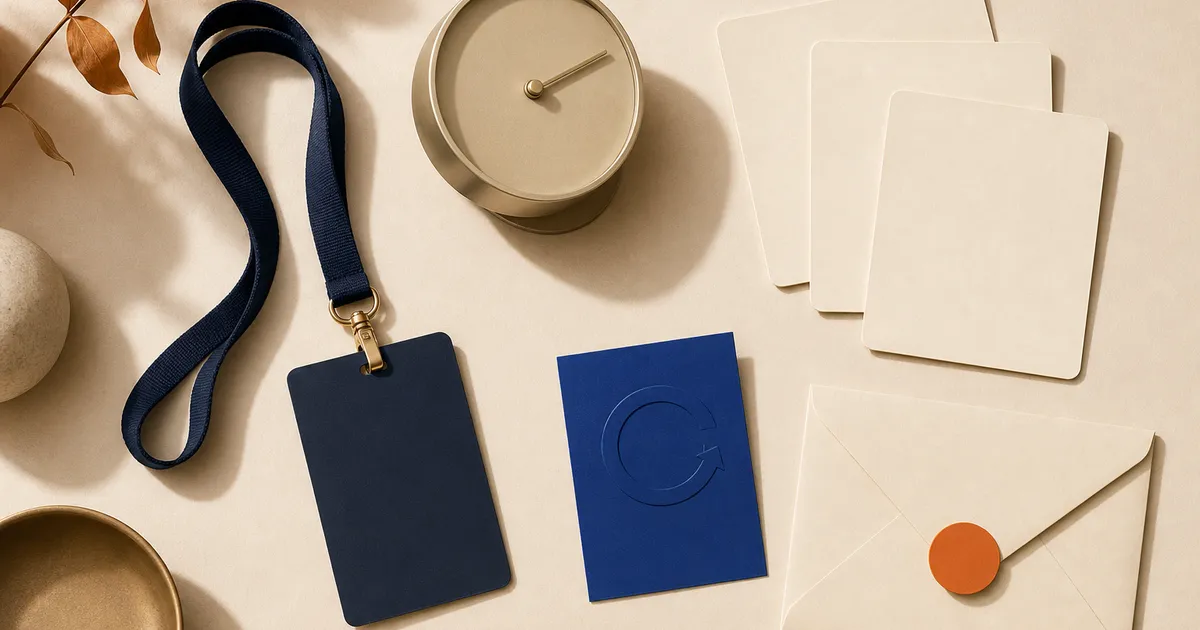 Editorial still life of a blank attendee badge, clock, calendar cards, update card, and sealed envelope