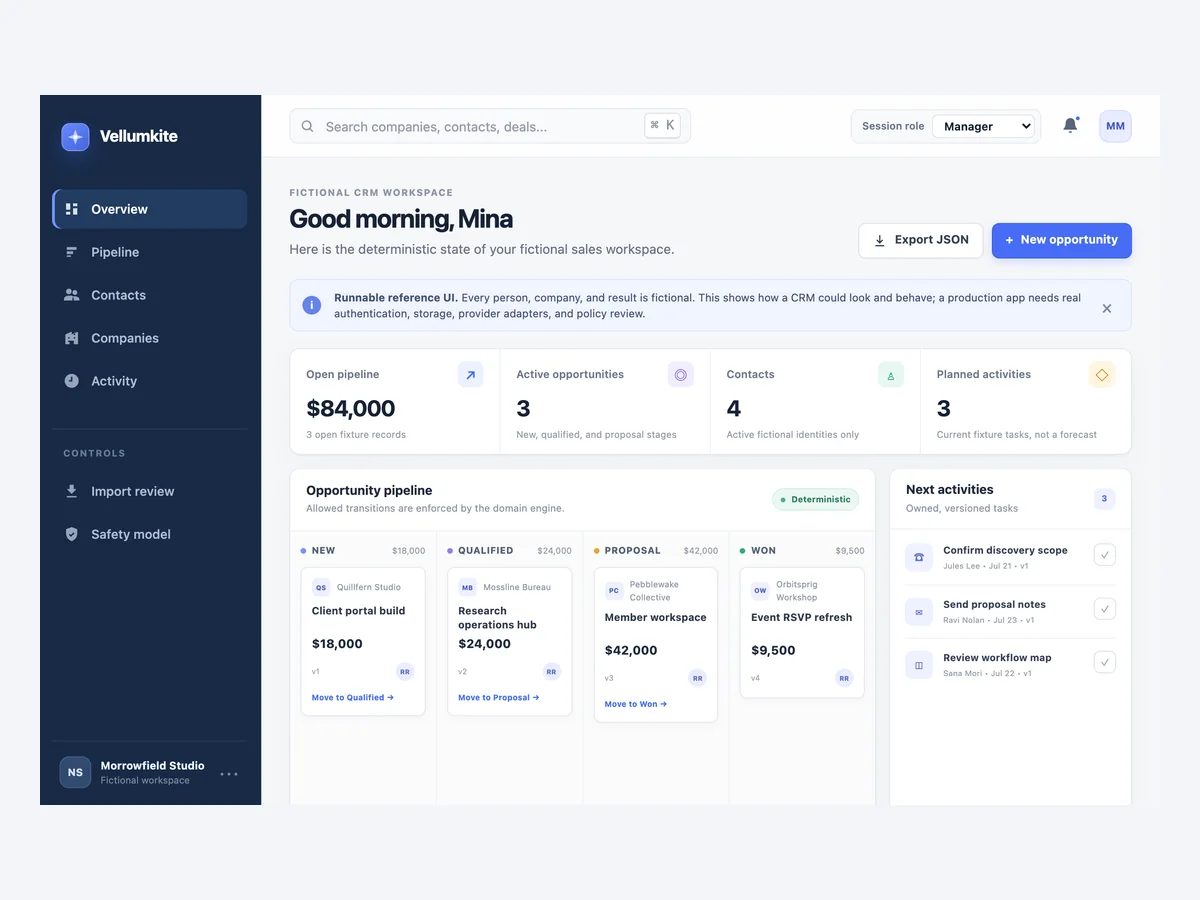 Fictional CRM workspace with computed record totals, four opportunity stages, owner initials, next activities, a role selector, export, and import-review controls