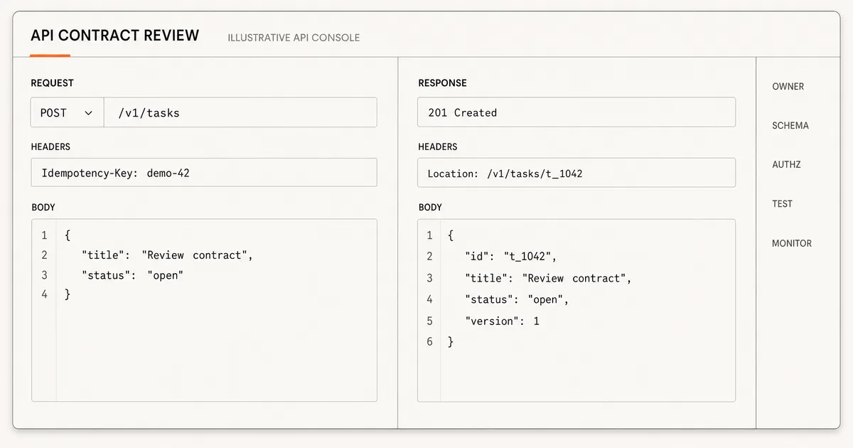 Illustrative API contract console with one task creation request and its matching response