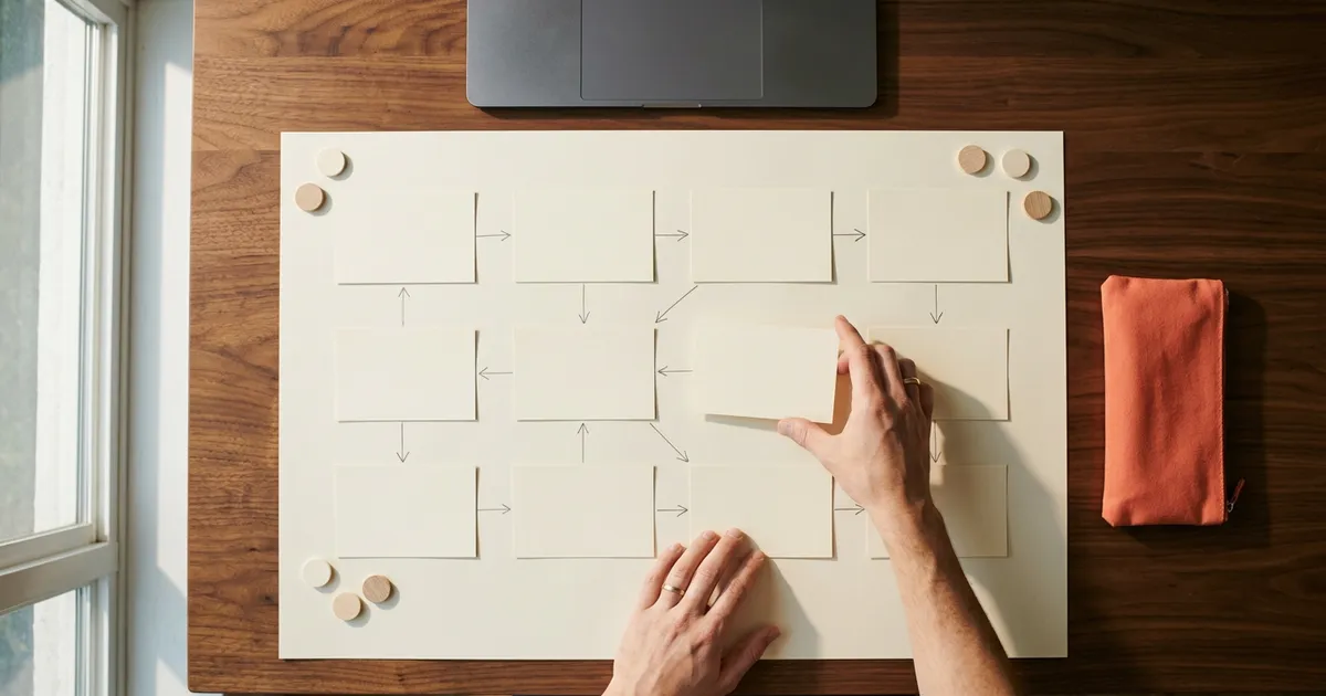 Blank workflow cards connected by arrows on a desk while a person plans a web app