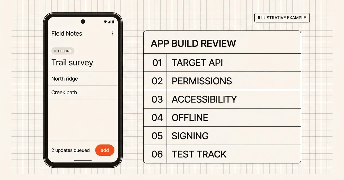 Illustrative Android field-notes interface beside a numbered app build review list