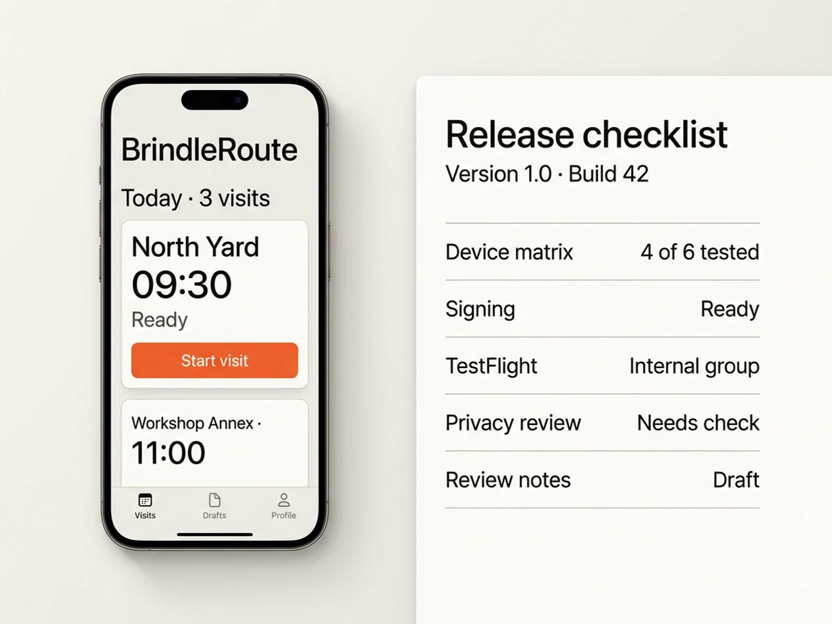 Illustrative modern iPhone task app beside a release console for device tests, TestFlight, privacy, and App Review readiness
