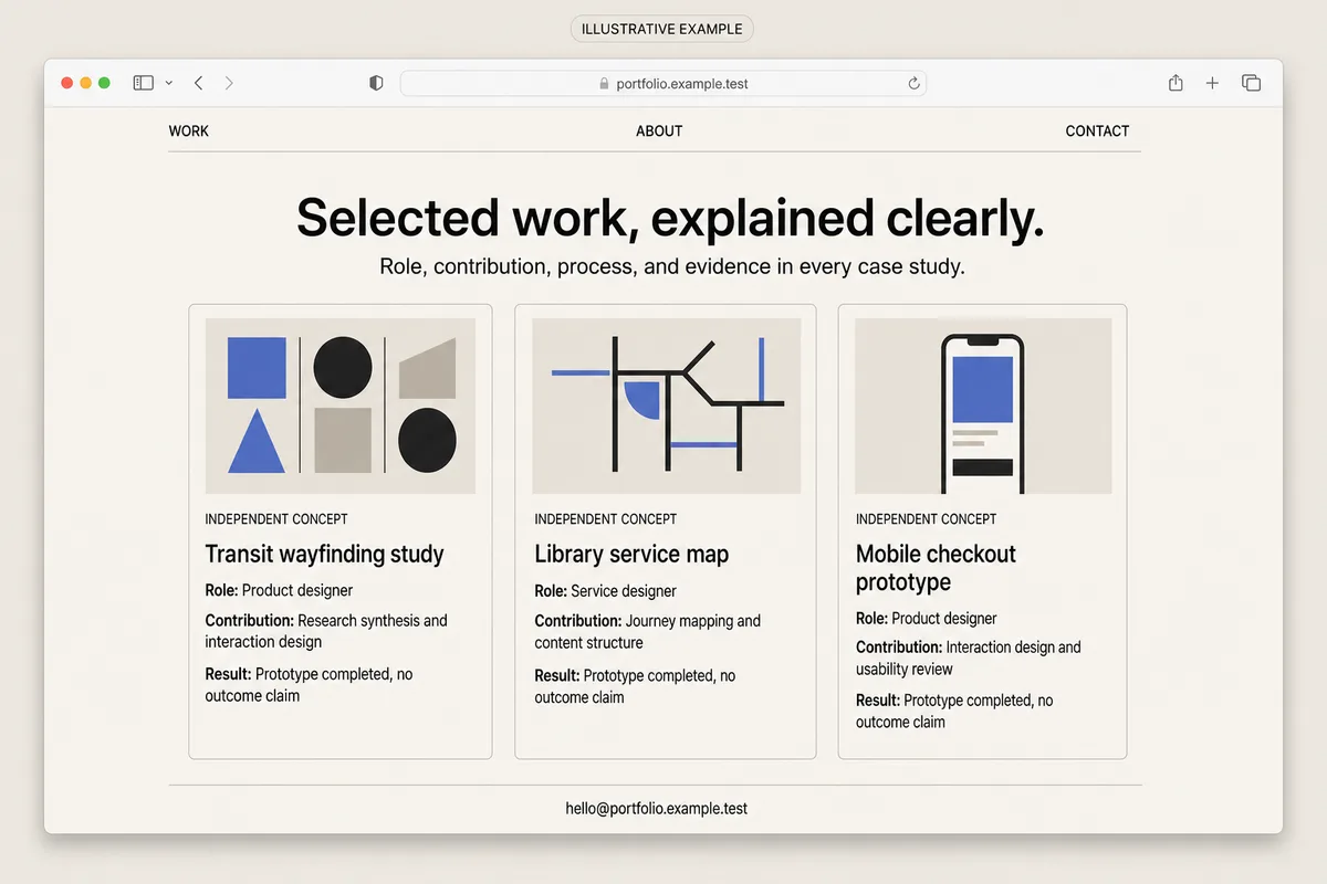 Illustrative modern portfolio with three independent concept case studies and explicit role, contribution, and result fields