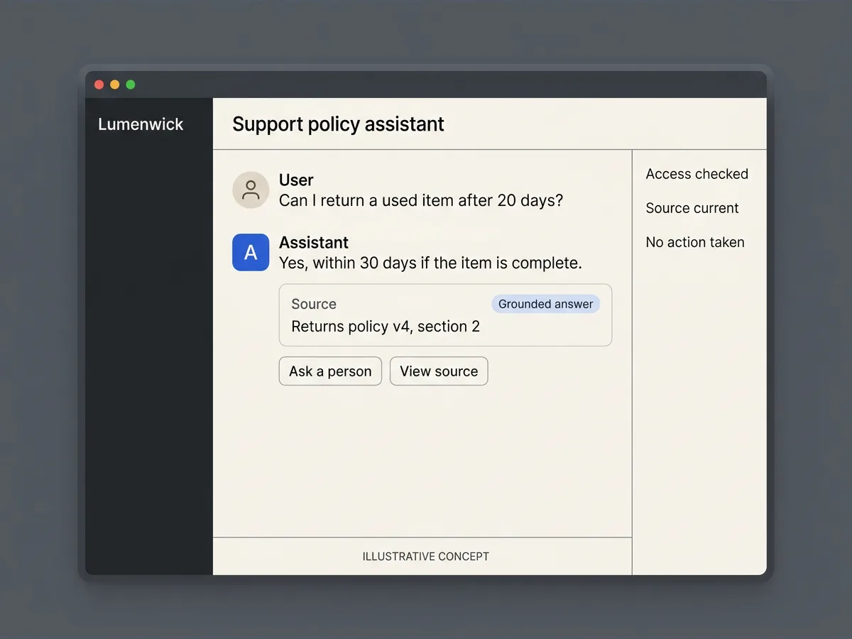 Illustrative unbranded team chat assistant with a cited returns-policy answer