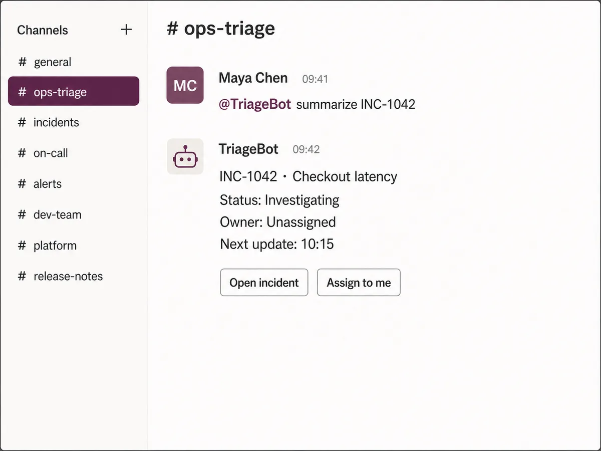 Illustrative team chat showing an incident triage bot summarizing one incident