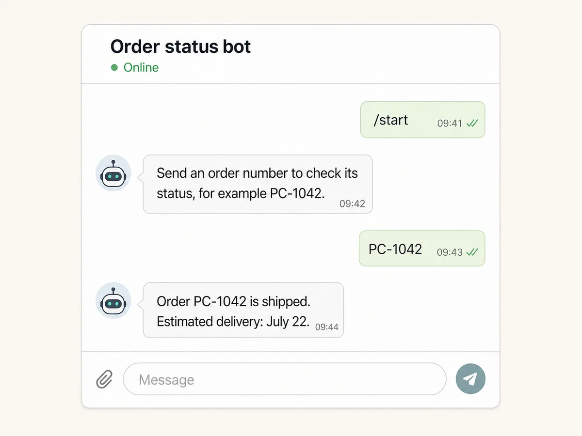 Illustrative Telegram-style order status bot conversation from start to shipped status