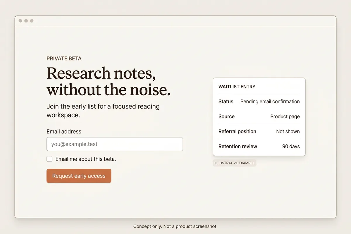 Illustrative waitlist interface with an email form, pending confirmation status, source, referral position not shown, and retention review