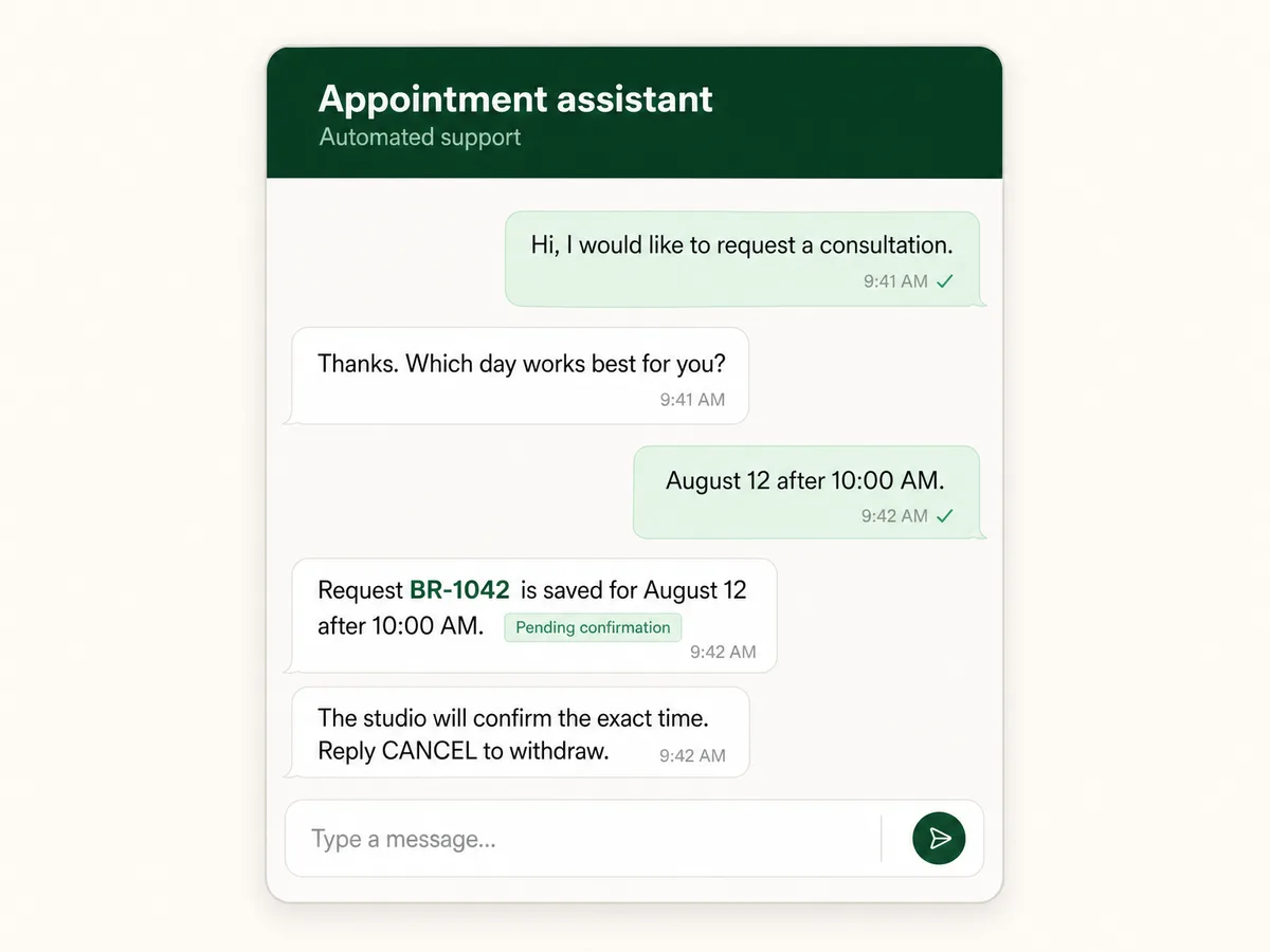 Illustrative WhatsApp-style appointment request with pending confirmation and a cancellation instruction