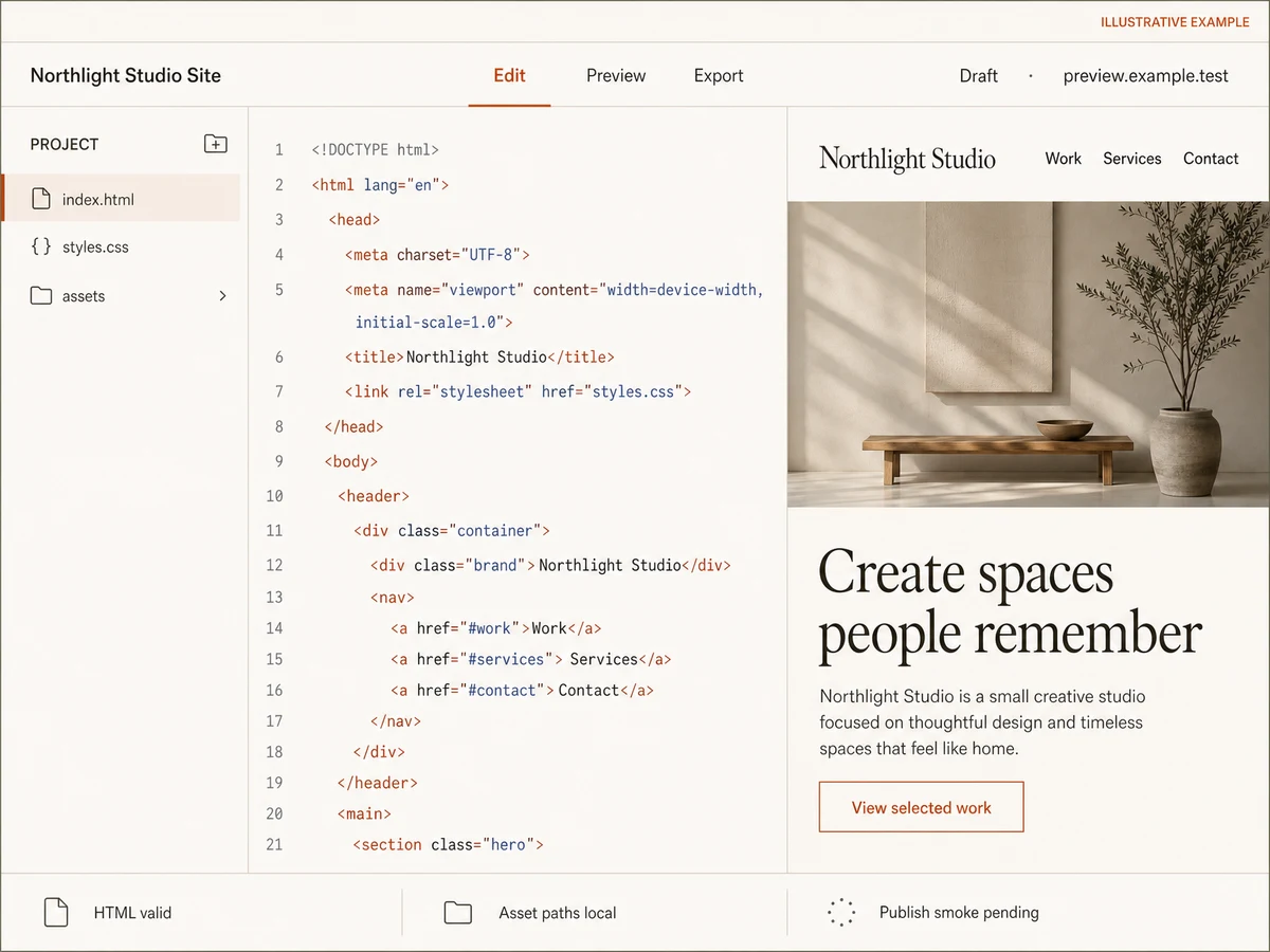 Illustrative HTML website builder studio for fictional Northlight Studio showing index.html, styles.css, local assets, a matching responsive preview, Draft state, and Publish smoke pending.