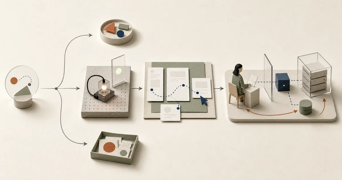 Abstract process branching into a technical experiment, interaction model, and small operated product loop