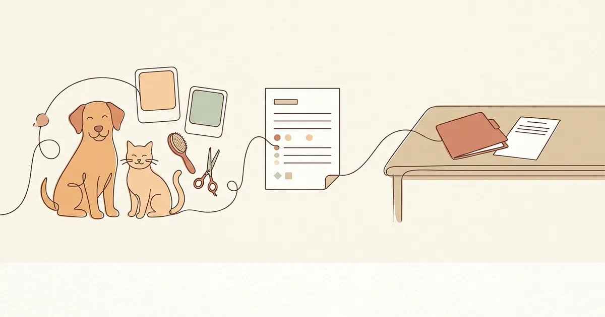 Illustration of approved pet grooming services connected to a minimal request form and protected staff review
