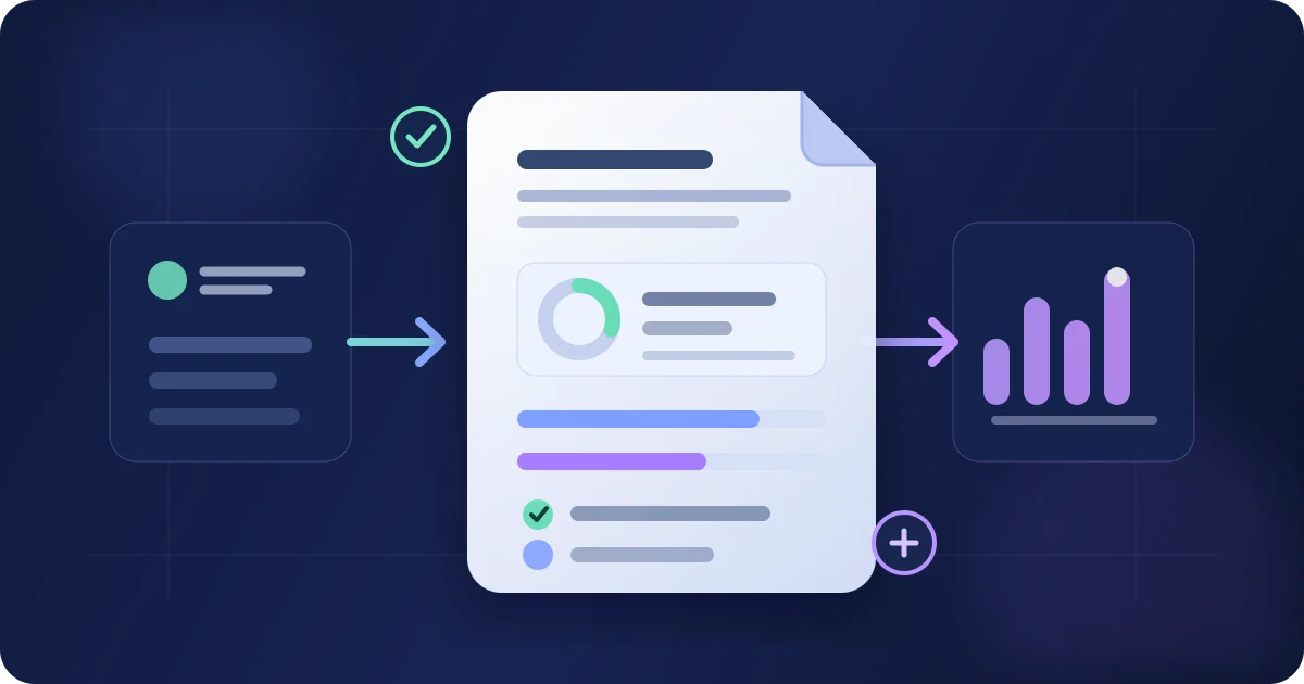Abstract report sheets connecting event evidence, aggregate charts, review, and action handoff symbols
