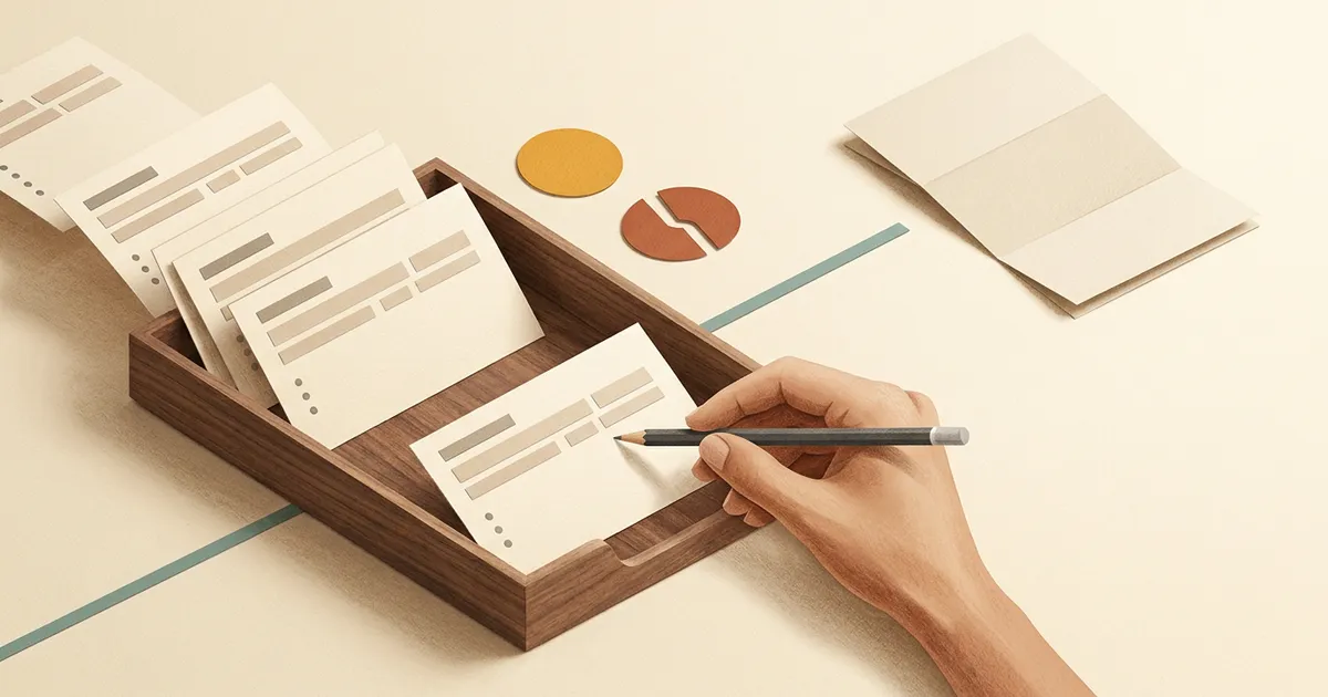 Unlabeled project intake cards entering a wooden human-review tray with unresolved signals and a separate proposed handoff document