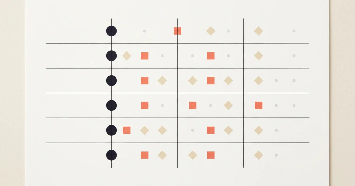 Illustrative responsibility matrix made from warm paper grid lines and distinct geometric assignment markers