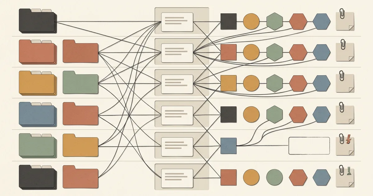 Illustrative six-row traceability sequence connecting source folders to requirements, lifecycle records, and planned evidence