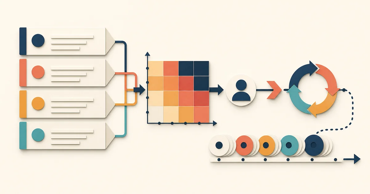 Four illustrative risk records moving through an abstract prioritization grid to owner review and change history