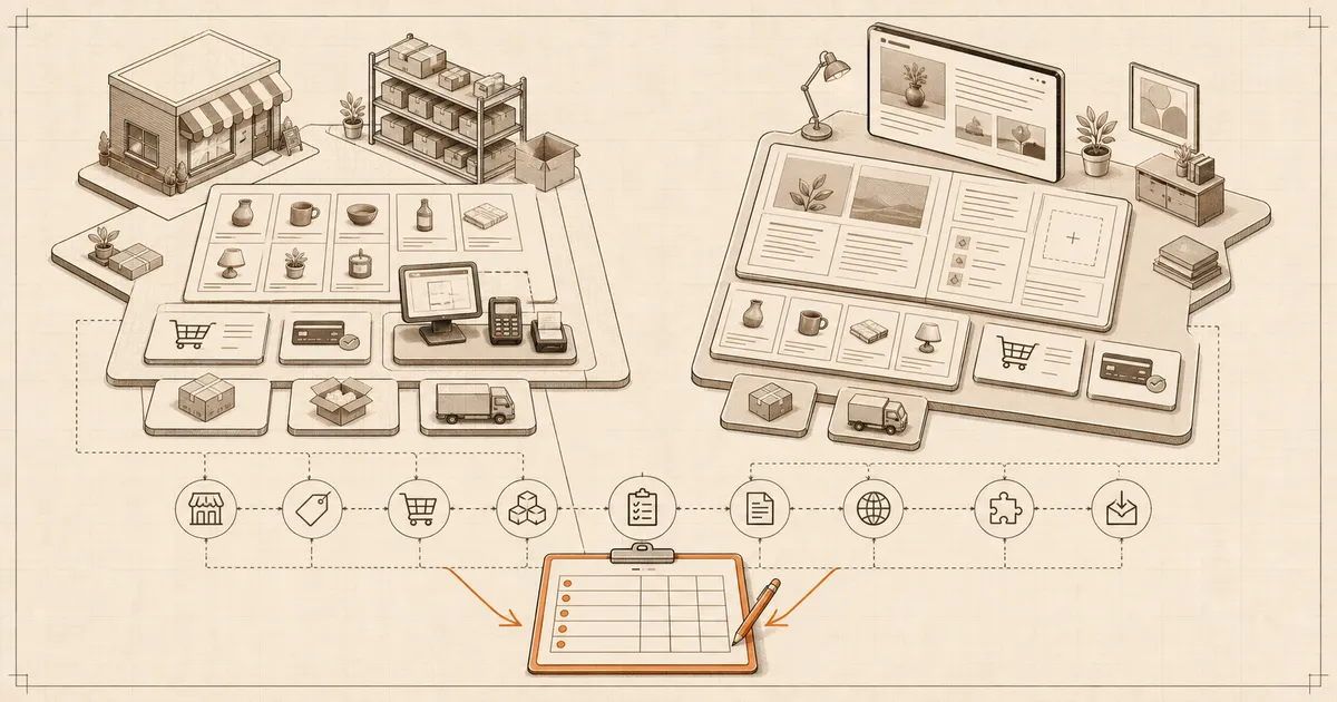 Neutral editorial comparison of one retail business mapped through commerce-first and website-first workflows into the same decision worksheet