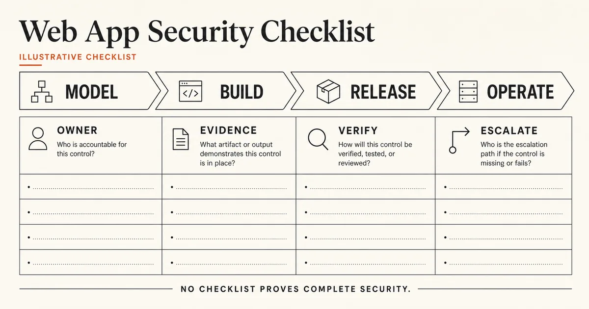 Illustrative web app security evidence board with model, build, release, and operate gates plus owner, evidence, verify, and escalate fields