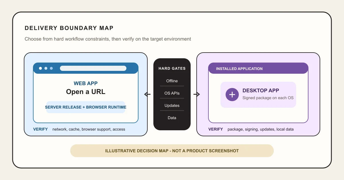 Browser-hosted web app beside an installed desktop app delivery boundary map
