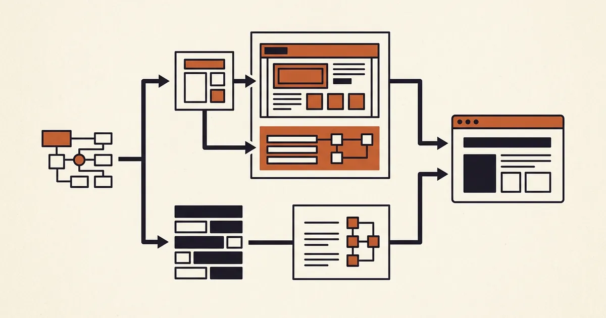 Two publishing paths, one bundled builder and hosting path and one separate site stack and hosting path, serving the same browser