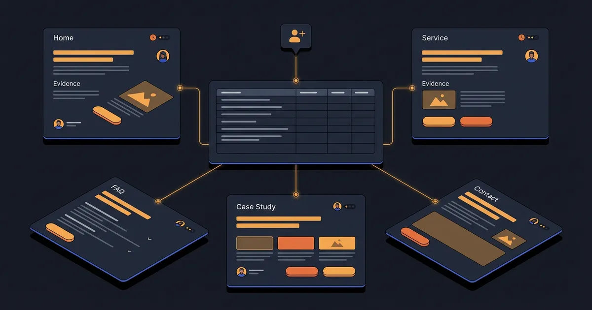 Illustrative website content ledger connecting audience questions, page cards, evidence, owners, and calls to action
