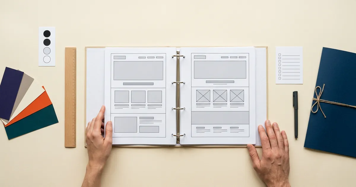 Illustrative overhead proposal review with blank website wireframes, color swatches, checklist marks, ruler, and handoff folder