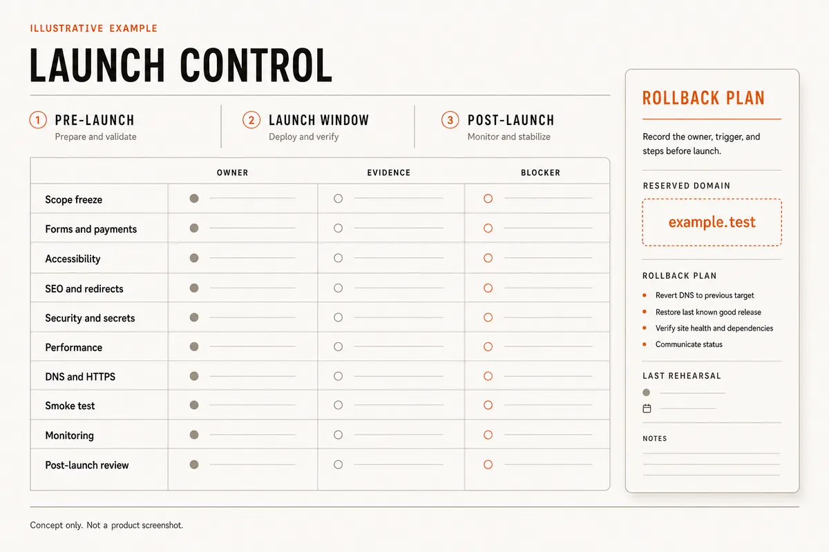 Illustrative launch-control worksheet with pre-launch, launch-window, post-launch, owner, evidence, blocker, and rollback fields