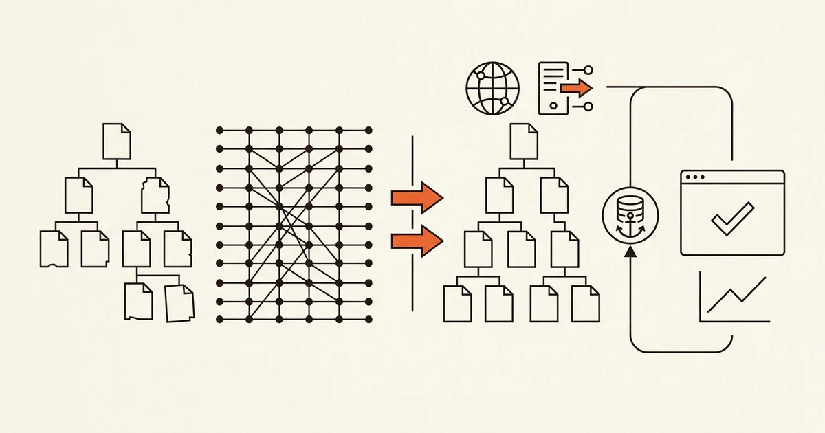 Illustrative sequence connecting an old website inventory to a URL map, new site, domain cutover, verification, monitoring, and rollback checkpoint