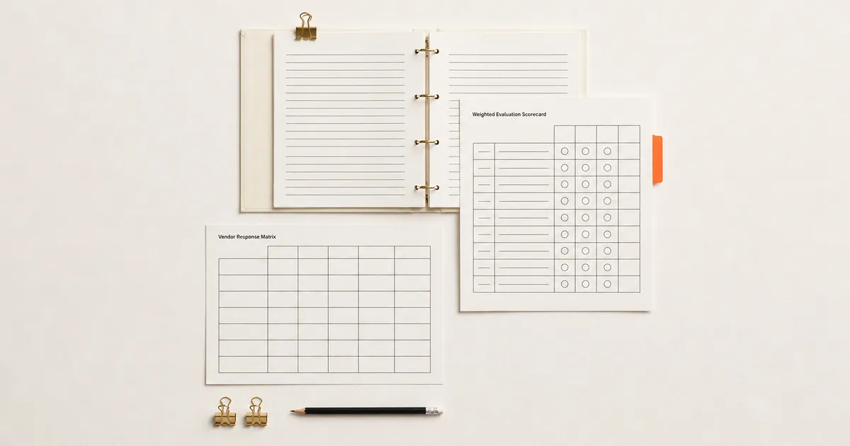 Illustrative website RFP binder beside a vendor response matrix and weighted evaluation scorecard