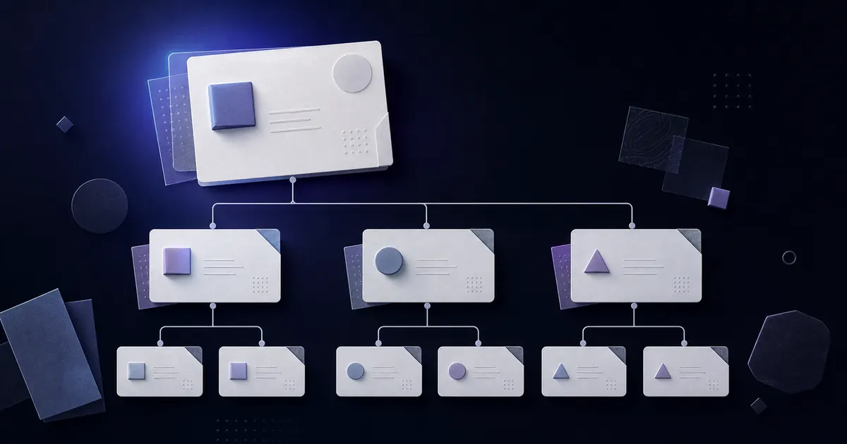 Illustrative hierarchy of nested deliverable cards branching from one project result into accountable work packages